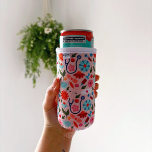 Floral Nurse Slim Can Coozie